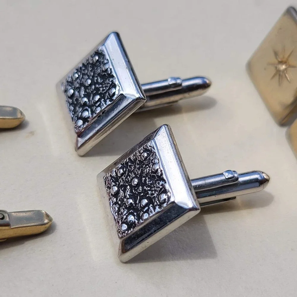 Vintage Mixed Metal Resin Cufflinks Lot Gold Silver Red Starburst Textured